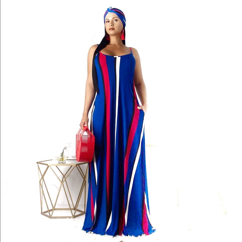 Red Blue White Stretch Sleeveless Loose Maxi Dress - Picture 3 of 7